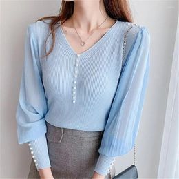 Women's Blouses Fashion V-Neck Gauze Spliced Knitted Beading Women Clothing 2023 Autumn Winter Loose Casual Tops Puff Sleeve Shirts