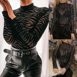 Sexy Women See-through Jumpsuit Bodycon Long Sleeve Zebra Stripe Leotard Tops Body suit2218