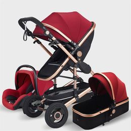 Strollers# Multifunctional 3 In 1 Baby Stroller Luxury Portable High Landscape 4 Wheel Folding Carriage Gold Born283v