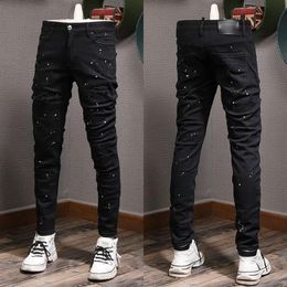 Painted Damage Jeans Man Distressed Patches Skinny Fit Black Vintage Biker Fit Denim272w