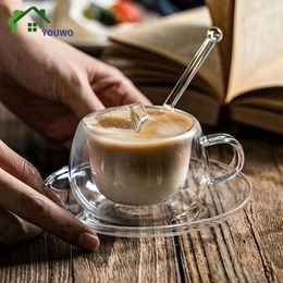 Mugs 150250ml Double Wall Glass With Dish And Spoon Clear Espresso Cups Set Heat Resistant Handle Coffee Mug Drinkware Teacup 231013