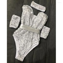 Stage Wear Sexy Low Chest Silver Sequin Bodysuit Tights Nightclub Bar Performance Clothes DJ Dancer Team Show Gogo Dance Costume