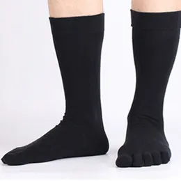 Men's Socks 5 Pairs Brand Mans Long Finger Cotton Solid Black Business Casual Men Mid Calf Sweaty Deodorant Toe Sock Male Fathers Gift