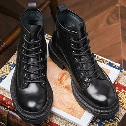 Boots Recommand! Pure Black Cool Men's Genuine Leather High End Winter Shoes Thick Heel Work & Safety Motorcycle Boys