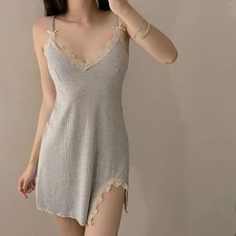 Women's Sleepwear Sexy Lace Trim Cotton Suspender Nightdress Nightwear Summer Side Split Modal Nightgown Home Wear Gown