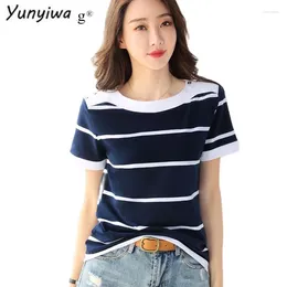 Women's T Shirts Lady 2023 Summer Blue White Striped Short Sleeve Cotton T-shirt Women Button O-neck Elegant Plus Size Tshirt Female Fashion