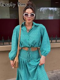Work Dresses Green Elastic Waist Pleated Long Skirt Set For Women Sleeve Chic Cropped Tops Two Pieces Sets Female Fashion Print Outfits