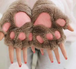 Five Fingers Gloves Women Cute Cat Claw Paw Plush Mittens Warm Soft Short Fingerless Fluffy Bear Costume Half Finger Party Gift 231012