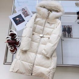 2023Canadian designer Triangle brand women's goose down windproof coat belt waist down jacket warm coat Mid length version down jacket with fur collar