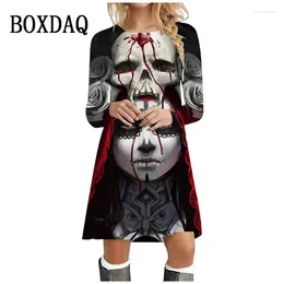 Casual Dresses Fashion Horror Halloween Party Women Dress Skull Pattern 3D Print Long Sleeve Loose A-Line Autumn Vestido