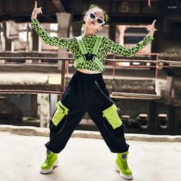 Stage Wear Kids Street Dance Hip Hop Clothes Girls Green Leopard Tops Reflective Vest Hip-Hop Pants Jazz Performance Costume