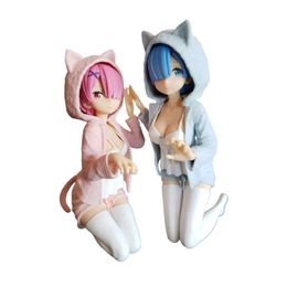 Mascot Costumes 11.5cm Anime Figure Re:life in A Different World From Zero Rem and Ram Kneeling Cat Pullover Coat Model Dolls Toy Gift Collect