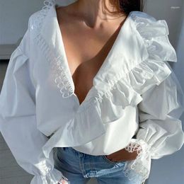 Women's Blouses 2023 Fashion White Ruffled Shirt Woman Sexy Deep V-neck Elegant Blouse Autumn Hollow Lace Ladies Cotton Long Sleeve Tops