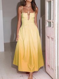 Casual Dresses Women Sleeveless Spaghetti Strap Backless Hollowed Swing Dress Summer Gradient Colour Long Slip Blue/Pink/Yellow