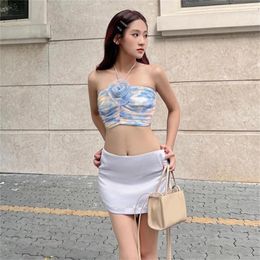 Women's Tanks Women Off Shoulder Mesh Crop Top 3D Flower Applique Halter Bandage Camisole Vest