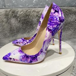 Dress Shoes 12cm Heel Floral Stiletto Pumps Large Size 43 44 45 Purple Flower Print Women Glossy Patent Pointy High