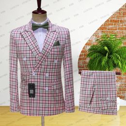 Men's Suits 2023 Style Boutique Pink Lattice Formal Business Mens Suit Set Groom Wedding Dress Double Breasted 2pces( Jacket Pants)