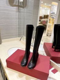 Top quality Black Calf Leather Famous brand Knight Long Knee Boot Designer Fashion Winter Famous Women Tall Boots