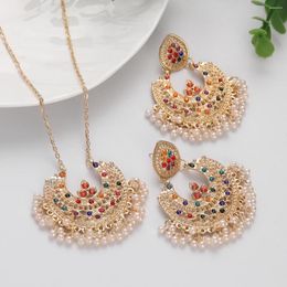 Pendant Necklaces Luxury Ethnic Gold Plated Necklace Earrings Set Women Pearl Tassel Multicolor Crystal Jewelry Sets Bride Choker 2023 Gifts