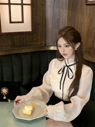 Spring Fashion design women's lantern long sleeve stand collar retro royal style chiffon patched lace ruffles blouse shirt