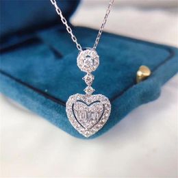 New Arrival Sweet Cute High Quality Luxury Jewellery 925 Sterling Silver Princess Cut White Topaz CZ Diamond Heart Pendant Women Nec274w