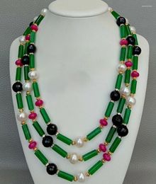 Choker HABITOO 3 Strands Natural Green Jade Black Rose Onyx White Freshwater Pearl Golden Bead Necklace For Women Fashion Jewellery