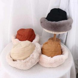 Berets For Girl Thick Winter Warm Wide Brim Large Woollen Women Hat Plush Bucket Korean Style Beanies