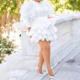 Plus Size Dresses African Women White Party Dress Vintage Puff Sleeve Cute Ruffle Tiered Layered Summer Spring Ladies Club Mini258P