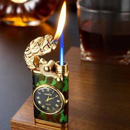 Lighters 2023 New Creative Metal Rocker Double Fire Crocodile Lighter Windproof Inflatable Blue Flame Watch Men's Fun Gift Gadget