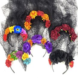 Halloween Flowers Hairbands Dark Gothic Colorful Artificial Flowers Black Mesh Veil Headband Hair Hoop Girls Hair Accessories