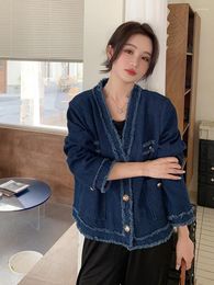 Women's Jackets Vintage Denim Jacket Women 2023 Autumn Tassels Spliced Loose Single Breasted Korean Style Casual Elegant Coat Outerwear 8180