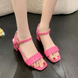 Sandals Summer Ankle Strap Peep Toe Leather Women Shoes Square Heel Simple Fluorescent Green Party