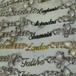 Custom Name 9MM Butterfly Cuban Link chain Namplate Pink Butterflys choker Cz Punk Miami Link Bling Bling Hip Hop Jewelry For Gift169A