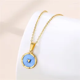 Pendant Necklaces Korean Fashion Simple Blue Round Tag Heart Clavicle Chain Necklace For Women No Fade Stainless Steel Female Neck Jewellery