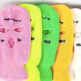 Berets Balaclava Army Tactical Winter Riding Warm Beanie Hat 3 Hole Full Face Embroidery Knitting Ski Mask Unisex Prom Party Pink 235p