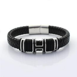 12MM Wide Braided Retro Genuine Leather Bracelet For Men Stainless steel H Bead Bracelets with Magnet Clasp274a