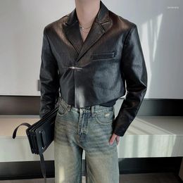 Men's Suits Autumn Winter Short Leather Suit Jacket Men Fashion Metal Buckle Design Loose Blazer Masculino Social Streetwear Dress Coat 2023