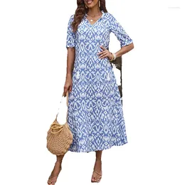 Stage Wear Women's Sky Blue V-Neck Casual Geometric Print Long Dress Bubble Sleeve Lace Up Loose Women