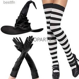 Theme Costume 2023 New Halloween Pleated Witch Hat Black Striped Ding Long Gloves Witch COS Prop Three Piece Set Cosplay ComesL231013