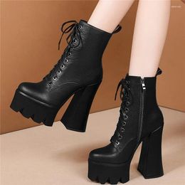 Dress Shoes 2023 High Heel Casual Women Lace Up Genuine Leather Chunky Platform Pumps Female Top Round Toe Motorcycle Boots