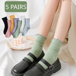 Women Socks 5 Pairs/lot Ruffle Lace Cotton Long Knitting Solid Colour Crew Breathable Mid Tube Cute Casual Sock Autumn Winter