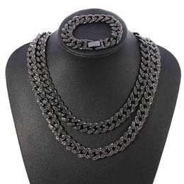 Whole Black 13mm Iced Out Cubic Zircon Diamond CZ Cuban Link Chain Miami Cuba Necklace Bracelet Hip Hop Jewelry For Men304d