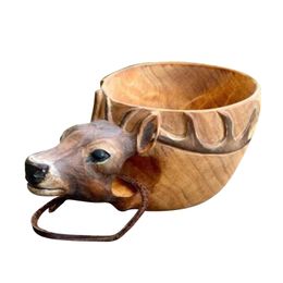 Mugs Portable Wooden Mug Tea Coffee Drinkware Hiking Travel Festival Drinking Cup Animal Shape Hand Carved Outdoor Crafts Camping 231013