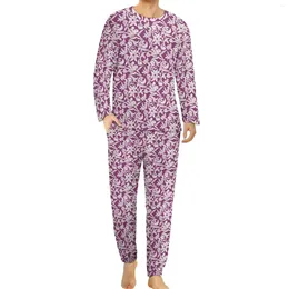 Men's Sleepwear Floral Ditsy Pajamas Long Sleeves Purple Flower Two Piece Casual Set Spring Men Graphic Kawaii Oversized