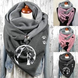 Scarves Winter Women Scarf Cute Cat Print Hijabs Female Lady Retro Multipurpose Shawl Button Wraps Foulard Bufand 231012