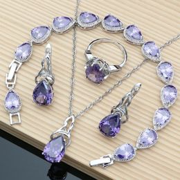 Wedding Jewellery Set Bride 925 Silver Sets Purple Amethyst Gemstone Earrings Rings Fashion Accessories Wdding Necklace Drop 231012