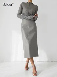 Skirts Bclout Autumn Grey Leather Women 2023 Elegant Office Lady Black Pu Straight Fashion Party Slit Long Female