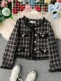 Women's Jackets Autumn Winter Vintage Tweed Jacket Coat Women Small Fragrance Patchwork Korean Woollen Cropped Coats Elegant Short Outerwear 231012