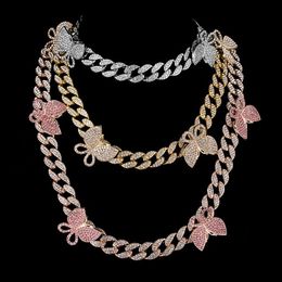 Iced Out Cuban Link Chain Butterfly Choker Necklace Mens Womens Gold Silver Hip Hop Necklaces Jewellery 18inch2495