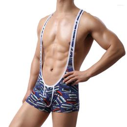 Undershirts Printed Leotard Mens Sexy Bugle Pouch Bodysuit Shorts Sleepwear Wrestling Singlet Jumpsuit Gay Underwear One-Piece